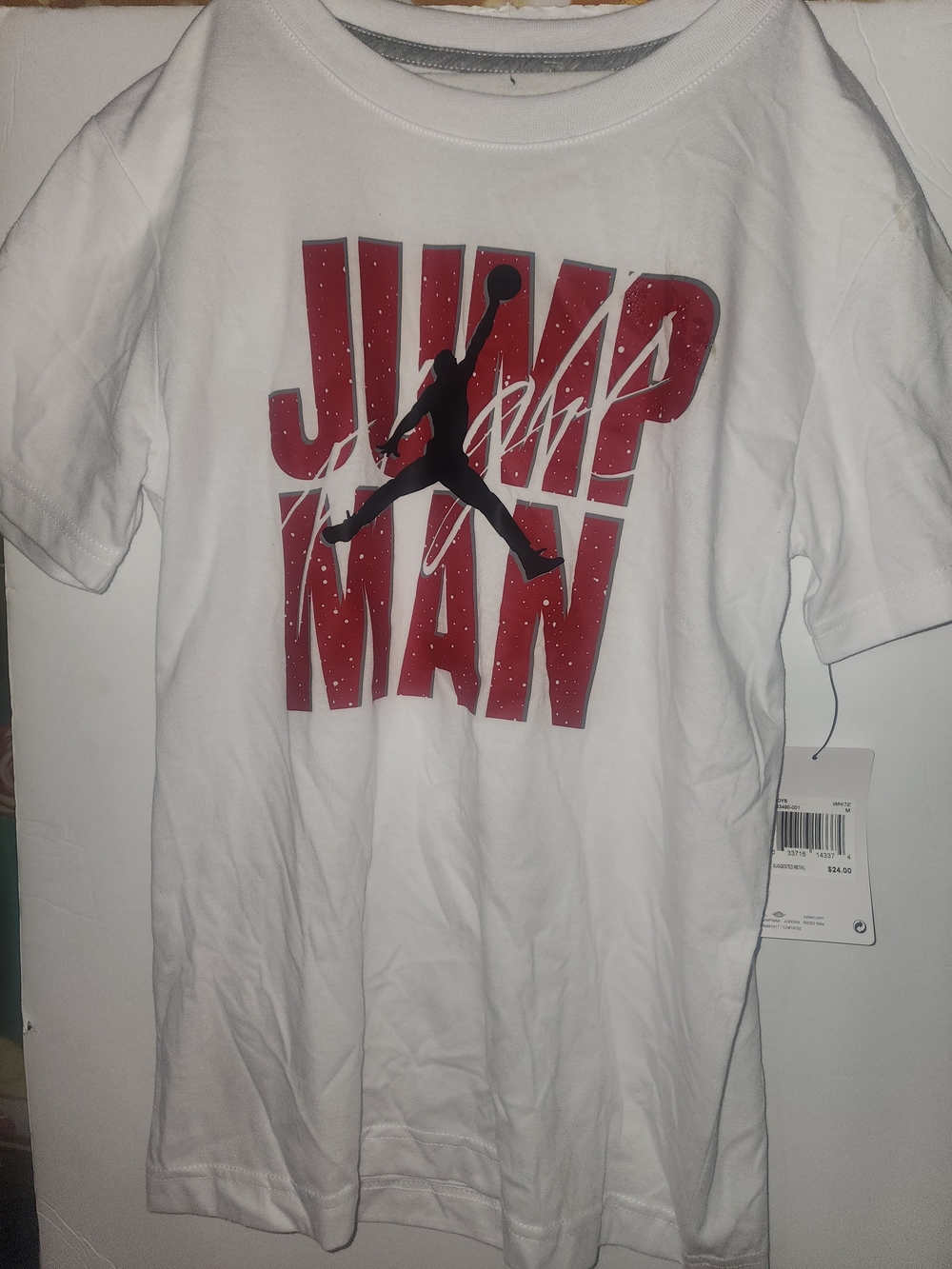 Jordan White Tee with Red 'JUMP MAN' Graphic and Black Jumpman